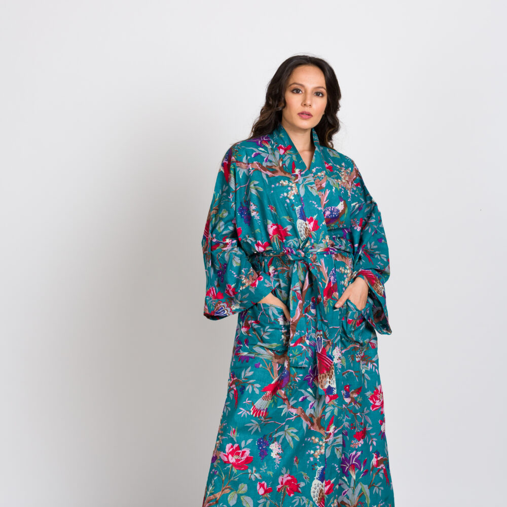 Long Kimono Robe Teal & Rose FairTrade Caravans
