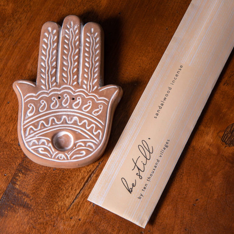 Hamsa Incense Holder with Sandalwood Incense 2 Left FairTrade Caravans